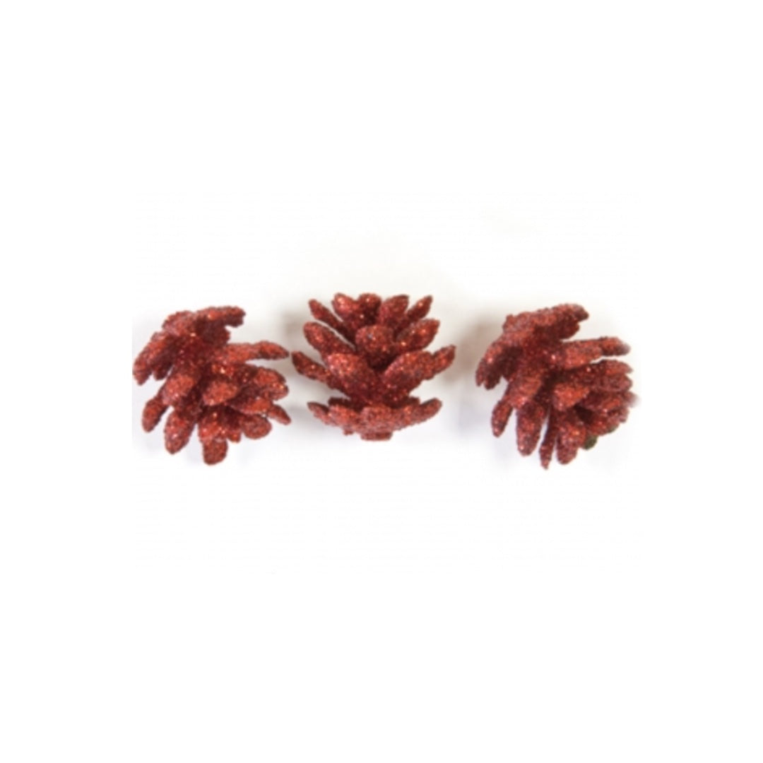 10 Mini pomme de pin pailletées rouge 2 cm