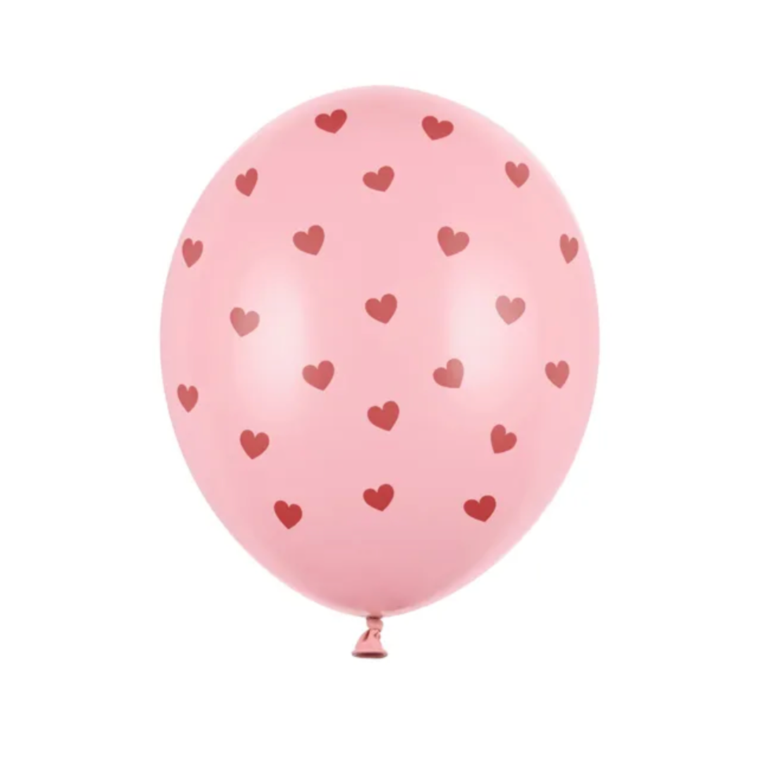 50 ballons rose avec coeurs rouge - 30cm